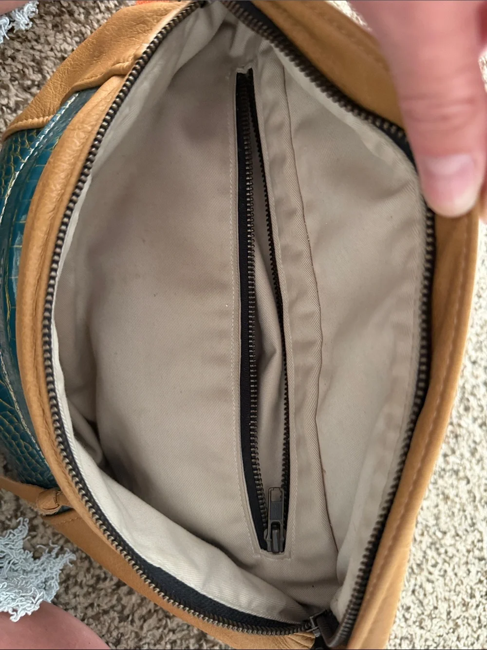 Tan Leather Crossbody with Blue Croc-Effect Panel and Orange Strap - Picture 4 of 4